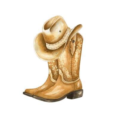 Çekici bir illüstrasyonda şapkalı bir çift kovboy çizmesi sergileniyor. El çizimi suluboya stili, Batı 'nın kırsal bir atmosferini yansıtan sıcaklık ve kişilik katar..