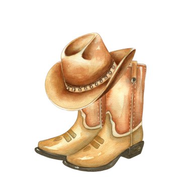 Çekici bir illüstrasyonda şapkalı bir çift kovboy çizmesi sergileniyor. El çizimi suluboya stili, Batı 'nın kırsal bir atmosferini yansıtan sıcaklık ve kişilik katar..