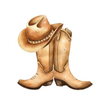 Çekici bir illüstrasyonda şapkalı bir çift kovboy çizmesi sergileniyor. El çizimi suluboya stili, Batı 'nın kırsal bir atmosferini yansıtan sıcaklık ve kişilik katar..