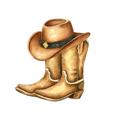 Çekici bir illüstrasyonda şapkalı bir çift kovboy çizmesi sergileniyor. El çizimi suluboya stili, Batı 'nın kırsal bir atmosferini yansıtan sıcaklık ve kişilik katar..