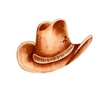 Yumuşak pastel tonlar, karmaşık detaylar ve batı tarzının özünü yansıtan klasik bir tasarım içeren bir kovboy şapkasının büyüleyici suluboya çizimi..