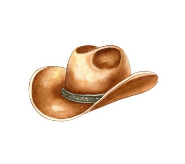 Yumuşak pastel tonlar, karmaşık detaylar ve batı tarzının özünü yansıtan klasik bir tasarım içeren bir kovboy şapkasının büyüleyici suluboya çizimi..