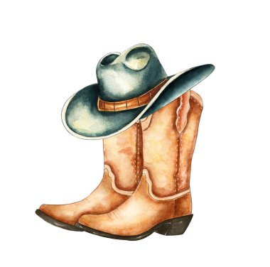 Çekici bir illüstrasyonda şapkalı bir çift kovboy çizmesi sergileniyor. El çizimi suluboya stili, Batı 'nın kırsal bir atmosferini yansıtan sıcaklık ve kişilik katar..
