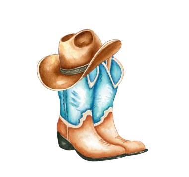 Çekici bir illüstrasyonda şapkalı bir çift kovboy çizmesi sergileniyor. El çizimi suluboya stili, Batı 'nın kırsal bir atmosferini yansıtan sıcaklık ve kişilik katar..