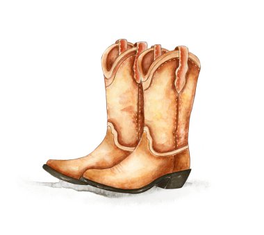 Çekici bir illüstrasyonda şapkalı bir çift kovboy çizmesi sergileniyor. El çizimi suluboya stili, Batı 'nın kırsal bir atmosferini yansıtan sıcaklık ve kişilik katar..