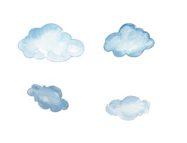 Mavinin yumuşak tonlarında güzel boyanmış suluboya bulutlar huzurlu ve rahatlatıcı bir atmosfer yaratıyor, çeşitli sanatsal projeler için mükemmel.