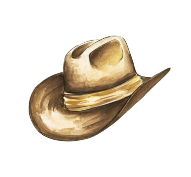 Yumuşak pastel tonlar, karmaşık detaylar ve batı tarzının özünü yansıtan klasik bir tasarım içeren bir kovboy şapkasının büyüleyici suluboya çizimi..