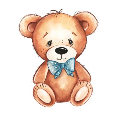 Çekici bir kahverengi ayı, boynunda açık mavi bir fiyonk bulunan yumuşak suluboya ile tasvir edilir. Ayının dost canlısı ifadesi ve yuvarlak şekli onu çocuk kitapları ve çocuk kitapları için ideal kılar..