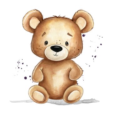 Bu suluboya resimde sıcacık bir gülümsemesi ve yuvarlak bir vücudu olan sevimli kahverengi bir oyuncak ayı var. Sevimli tasarımı bir rahatlık hissi yakalıyor, çocuk dekorasyonu için mükemmel..