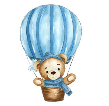 Mavi bir sıcak hava balonunda süzülen sevimli bir oyuncak ayıyı gösteren suluboya bir resim. Bebek partisi davetiyeleri, bebek odası dekorasyonu, tebrik kartları, süslemeler, çocuk kıyafetleri ve nazik çocuk tasarımları için mükemmel..
