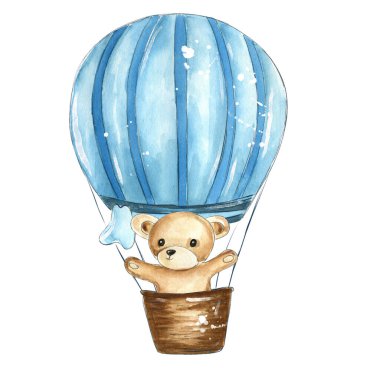 Mavi bir sıcak hava balonunda süzülen sevimli bir oyuncak ayıyı gösteren suluboya bir resim. Bebek partisi davetiyeleri, bebek odası dekorasyonu, tebrik kartları, süslemeler, çocuk kıyafetleri ve nazik çocuk tasarımları için mükemmel..