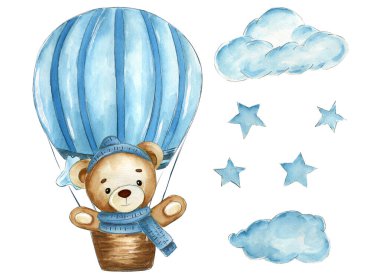 Sevimli bir el, yumuşak bulutlar ve yıldızlarla çevrili mavi bir sıcak hava balonunda uçan sevimli bir oyuncak ayının suluboya çizimi. Bebek partisi, bebek dekorasyonu, doğum günü davetiyeleri, süblimleşme tasarımları ve çocuk projeleri için mükemmel..