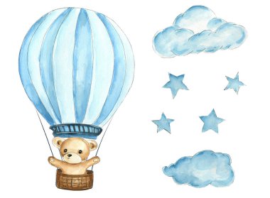 Sevimli bir el, yumuşak bulutlar ve yıldızlarla çevrili mavi bir sıcak hava balonunda uçan sevimli bir oyuncak ayının suluboya çizimi. Bebek partisi, bebek dekorasyonu, doğum günü davetiyeleri, süblimleşme tasarımları ve çocuk projeleri için mükemmel..