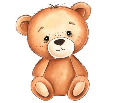 Şirin bir oyuncak ayının suluboya çizimi. Bebek partisi, bebek dekorasyonu, doğum günü davetiyeleri, süblimleşme tasarımları ve çocuk projeleri için mükemmel..