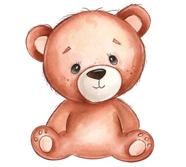 Şirin bir oyuncak ayının suluboya çizimi. Bebek partisi, bebek dekorasyonu, doğum günü davetiyeleri, süblimleşme tasarımları ve çocuk projeleri için mükemmel..