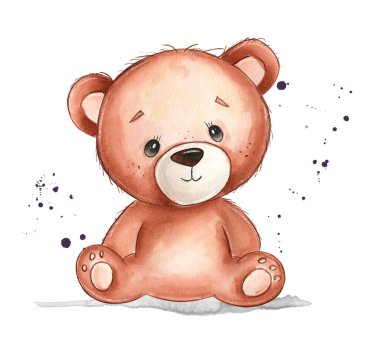 Dekoratif boya lekeleri olan sevimli bir oyuncak ayının suluboya çizimi. Bebek partisi, bebek dekorasyonu, doğum günü davetiyeleri, süblimleşme tasarımları ve çocuk projeleri için mükemmel..