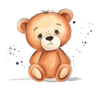 Dekoratif boya lekeleri olan sevimli bir oyuncak ayının suluboya çizimi. Bebek partisi, bebek dekorasyonu, doğum günü davetiyeleri, süblimleşme tasarımları ve çocuk projeleri için mükemmel..