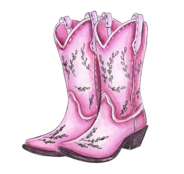 Nazik yaprak detaylarıyla klasik pembe kovboy çizmelerinin suluboya çizimi. Batı temalı tasarımlar, country tarzı, bekarlığa veda partileri, süblimleşme ve kız kıyafetleri için mükemmel.