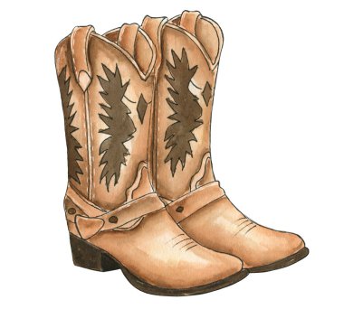 Kahverengi tonlu klasik kovboy çizmelerinin suluboya çizimi. Batı temalı tasarımlar, rodeo etkinlikleri, country müzik projeleri, süblimleşme ve moda blogları için mükemmel..