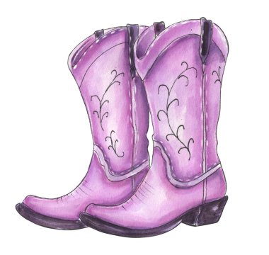 Nazik yaprak detaylarıyla klasik pembe kovboy çizmelerinin suluboya çizimi. Batı temalı tasarımlar, country tarzı, bekarlığa veda partileri, süblimleşme ve kız kıyafetleri için mükemmel.