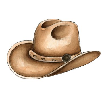 Klasik kahverengi kovboy şapkasının özgün bir suluboya çizimi. Batı temalı tasarımlar, country müzik etkinlikleri, rodeo projeleri, süblimleşme ve rustik moda temaları için mükemmel..