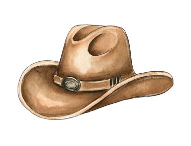 Klasik kahverengi kovboy şapkasının özgün bir suluboya çizimi. Batı temalı tasarımlar, country müzik etkinlikleri, rodeo projeleri, süblimleşme ve rustik moda temaları için mükemmel..