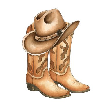 Uyumlu kovboy çizmelerinin üzerinde duran klasik kahverengi kovboy şapkası içeren suluboya çizilmiş bir resim. Batı temalı tasarımlar, country müzik, rodeo etkinlikleri, süblimleşme ve moda projeleri için mükemmel..