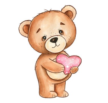 Sevimli bir oyuncak ayının pembe bir kalbi nazikçe tutuş şeklindeki el yapımı suluboya çizimi. Bebek partisi davetiyelerinde sevgi ve sıcaklığı ifade etmek için mükemmel. Sevgililer Günü tasarımları, bebek odası dekorları ve tebrik kartları..