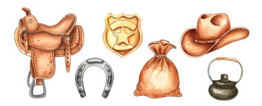 Temel Vahşi Batı unsurlarını içeren el yapımı suluboya çizimleri: eyer, şerif rozeti, kovboy şapkası, at nalı, para çantası ve su ısıtıcısı. Kırsal batı temalı tasarımlar ve maceraperest projeler için mükemmel