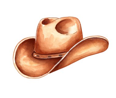 Klasik kahverengi kovboy şapkasının özgün bir suluboya çizimi. Batı temalı tasarımlar, country müzik etkinlikleri, rodeo projeleri, süblimleşme ve rustik moda temaları için mükemmel..