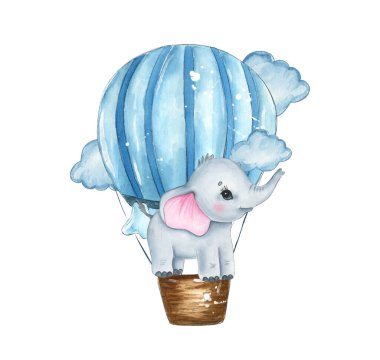 Mavi bir sıcak hava balonuyla uçan şirin bir bebek filin suluboya çizimi. Bulutlar, bebek dekorasyonu, bebek partisi davetiyeleri veya çocuk baskısı için mükemmel..