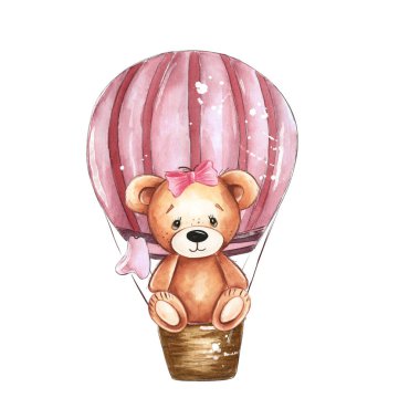 Tatlı suluboya resimde pembe bir balonda kalbi olan sevimli bir oyuncak ayı var. Bebek dekorasyonu, bebek partisi veya tatlı tebrik kartları için mükemmel..