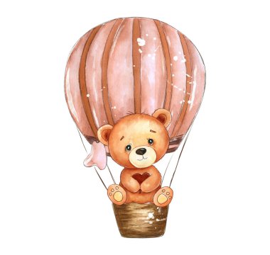 Tatlı suluboya resimde pembe bir balonda kalbi olan sevimli bir oyuncak ayı var. Bebek dekorasyonu, bebek partisi veya tatlı tebrik kartları için mükemmel..