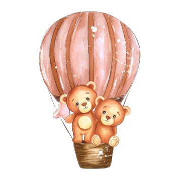 Tatlı suluboya resimde pembe bir balonda kalbi olan sevimli bir oyuncak ayı var. Bebek dekorasyonu, bebek partisi veya tatlı tebrik kartları için mükemmel..