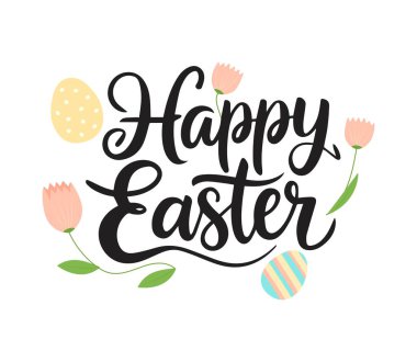 Mutlu Paskalyalar. İlham verici el yazısı metni. Mektup. Vektör çizimi. Pankart, kartpostal