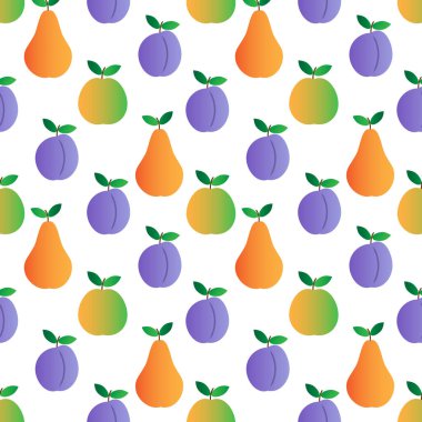 Kusursuz desenli elma, armut ve erik. Beyaz arka planda çok renkli meyveler izole edilmiş. Web tasarımı, tekstil, yazdırma, paketleme