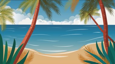 Güzel yaz plajı, yaz, palmiye ağaçları, okyanus. Tatil ve seyahat tasarımı. Pankart, web tasarımı, sosyal ve medya ağlarında paylaşım.