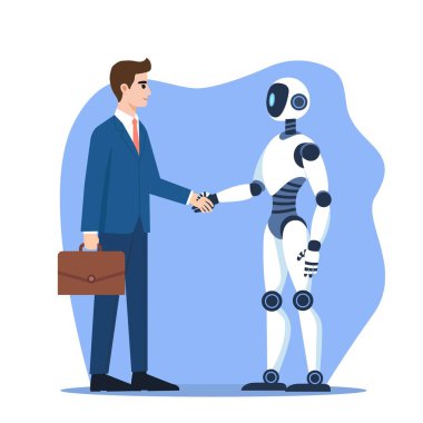 Bir iş adamı bir robotla tokalaşıyor. İş ve yapay zeka. İş hayatında makine öğrenimi. Vektör illüstrasyonu