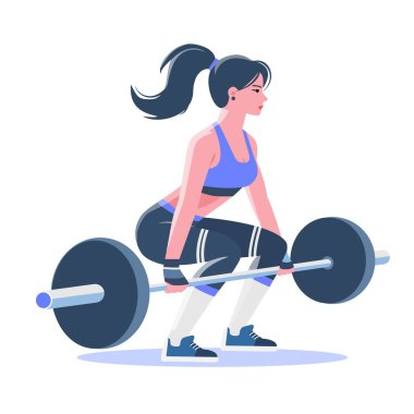 Bir kadın ağırlık kaldırırken halter, spor salonu, fitness. Beyaz arkaplanda izole edilmiş vektör illüstrasyonu