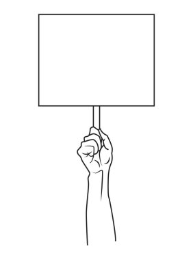 Bir el, protesto işareti olarak boş bir pankart tutar. Grev ve boğuşma belirtisi. Tek bir çizgiyle çiziyorum. Vektör illüstrasyonu