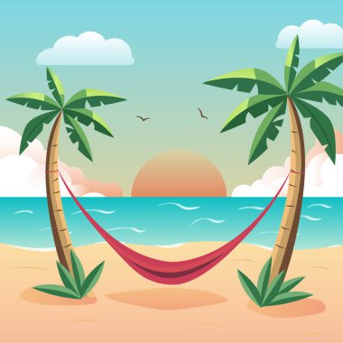 Güzel yaz plajı, yaz, palmiye ağaçları, hamak, okyanus. Tatil ve seyahat tasarımı. Pankart, web tasarımı, sosyal ve medya ağlarında paylaşım.