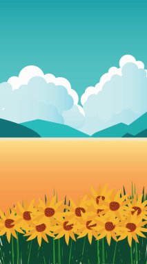 Yaz manzarası, bozkır ve dağlar. Bozkır manzaralı kartpostal, dağlar, ayçiçekleri, bulutlardaki gökyüzü. Yaz tatili, tatil seyahati. Vektör illüstrasyonu, poster. Yazdır, web dekoru