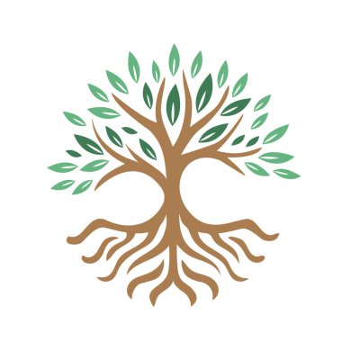 Kök sistemi olan büyüyen bir ağaç. Logo, ikon, vektör çizimi. Web tasarımı, yazdırma, sosyal medyada kullanılabilir