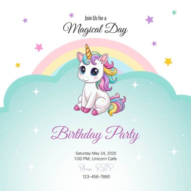 Doğum günü partisi davetiyesi. Şablon. Gökkuşağı arka planında şirin bir tek boynuzlu at. Vektör illüstrasyonu
