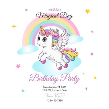 Doğum günü partisi davetiyesi. Şablon. Gökkuşağı arka planında şirin bir tek boynuzlu at. Vektör illüstrasyonu