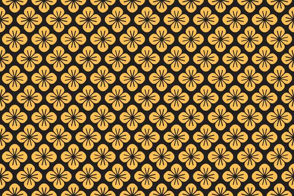 Lüks siyah ve altın rengi bir şemada soyut geometrik çiçek elementleriyle kusursuz vektör deseni. Vektör illüstrasyonu