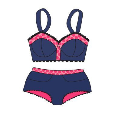 İç çamaşırı seti, mavi renkli sutyen ve külot. Modaya uygun kadın iç çamaşırı. Beyaz arka planda el çizimi kadın iç çamaşırları. Web, tekstil, baskı, ambalaj
