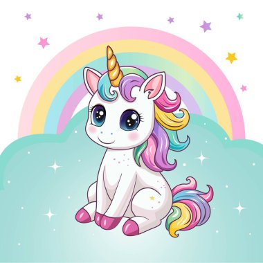 Gökkuşağı arka planında şirin bir tek boynuzlu at. Bir kartpostal, bir afiş. Vektör illüstrasyonu