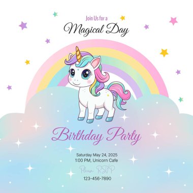 Doğum günü partisi davetiyesi. Şablon. Gökkuşağı arka planında şirin bir tek boynuzlu at. Vektör illüstrasyonu