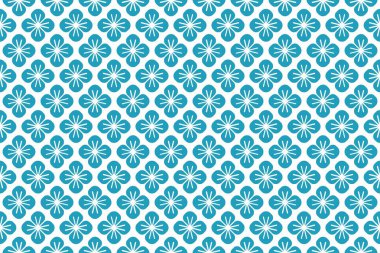 Beyaz arka planda soyut geometrik mavi çiçek elementleriyle kusursuz vektör deseni. Vektör illüstrasyonu